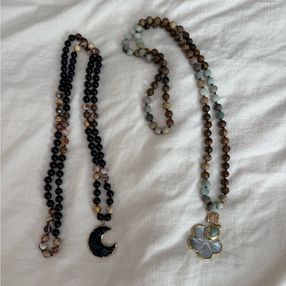 Beaded Flower Pendant Necklace and black/brown with moon
